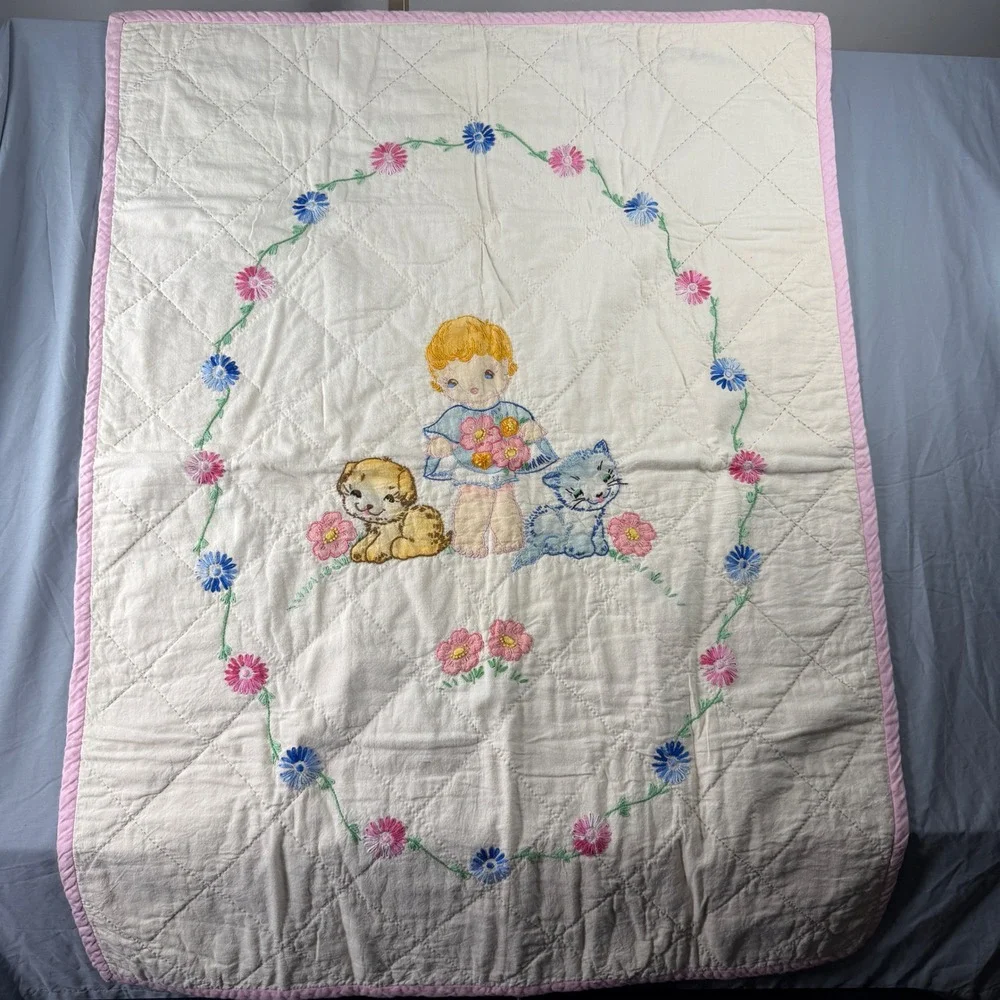 VTG Handmade Baby Quilt Nursery Crib Cream Pink Hand Embroidered Cat Dog 33x42